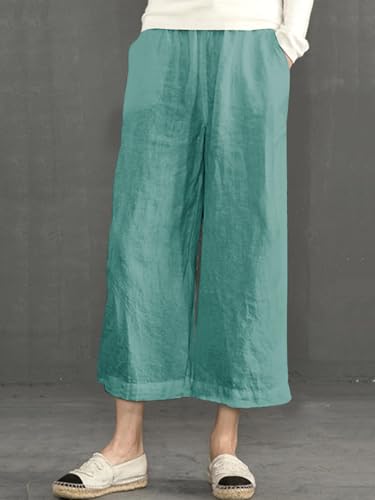 Image of ECUPPER Womens Cotton Cropped Pants Loose Fit Wide Leg Trousers | Casual, Plus Size, Elastic Waist, Capri, 100% Cotton, Slant Pockets, High Rise Waist, Lounge Pants
