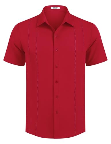 Image of COOFANDY Mens Cuban Guayabera Shirt Short Sleeve Button Down Shirts Summer Beach Vacation Shirts