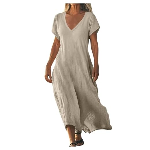 Robe Femme Lin Été Longue Robes Décontracté à Manches Courtes Couleur Unie Robes Ete Chic et Elegant Col V Robe Tunique Femmes Boheme Jupe Dress de Plage Linen Dresses d'été en Lin et Coton Pas Cher