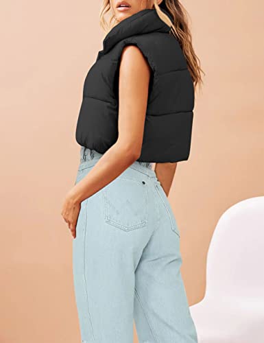 Merokeety Women's Stand Up Collar Solid Color Crop Puffer Jacket Vest Warm Outerwear Padded Gilet,Black,M #TOP2