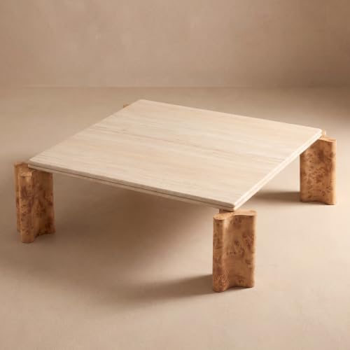 Image of Hyfirm Large Travertine Pattern Coffee Table, Natural Wood Leg Center Desk