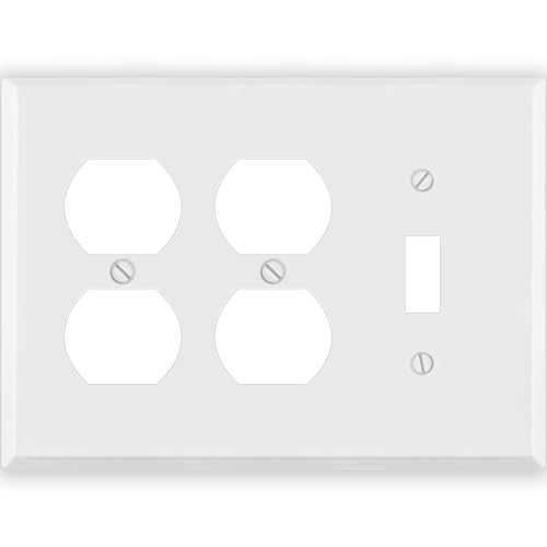 White Metal Combination Switch Cover, Metal Wall Plate, 3-Gang Standard Size, 2 Duplex Receptacles, 1 Toggle Switch, 4.50" x 6.38", Corrosion and Heat Resistant, Unbreakable Steel, Made In USA
