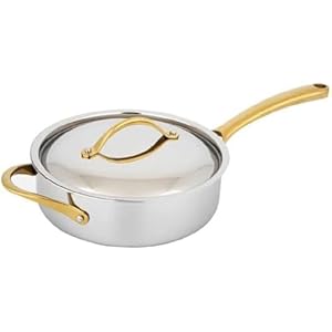 3.4-quart Saute Pan with Lid – PFOA/PFOS Free Saucepan Kitchen Cookware w/ Interior Coated Prestige Ceramic Non-Stick Coating, Golden PVD Handles, Stylish Kitchenware Works w/ Model NCSTS16