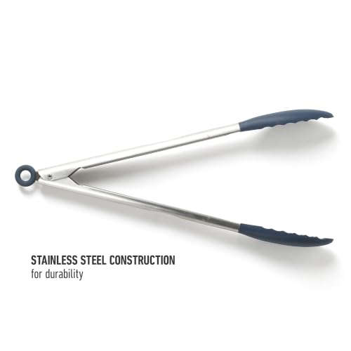 Image of Calphalon Kitchen Tongs, Stainless Steel Locking Tongs with Heat-Resistant Silicone Heads, Nonstick-Safe Cooking Tongs for Grilling, Serving & Food Prep, Navy Blue
