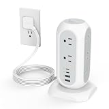 TESSAN Tower Power Strip Flat Plug with 1050J Surge Protection, 6 Ft, Grey