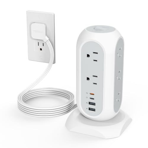 TESSAN Tower Power Strip Flat Plug with 1050J Surge Protection, 6 Ft, Grey