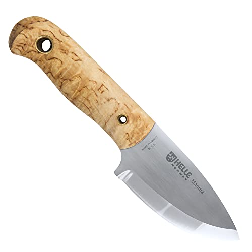 Helle Knives - Mandra - Les Stroud - Neck Knife for Bushcraft, Hunting, Camping - Small Fixed Blade, Full Tang with Curly Birch Wood & Vulcan Fiber Handle, Scandi Grind - Leather Sheath Triple Laminated Stainless Steel