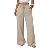Duyang Womens Cotton Linen Palazzo Pants Drawstring Elastic Waist Casual Wide Leg Trousers with...