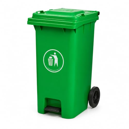 Image of Large Wheelie Pedal Bin Heavy Duty Plastic Waste Bin with Wheels & Lid 100L&120L Rubber Wheels & Steel Axle Rubbish Waste Dustbin for Garden, Home, Office & Commercial Rubbish Bin (Green, 100L)