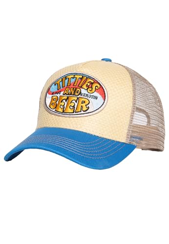 King Kerosin Casquette de camionneur en paille pour homme - Style vintage années 70 - Avec patch hawaïen et inscription « Beer », beige, taille unique