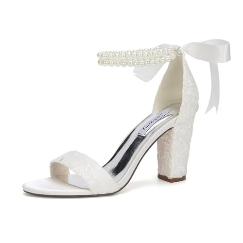 High Block Heel Wedding Sandals Open Toe Wedding Shoes for Bride Pearl Bridal Heels