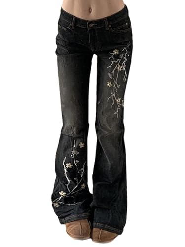 Xineicy Women Bell Bottom Jeans Y2k Low Waist Flare Embroidery Vintage Bootcut Denim Pants Black