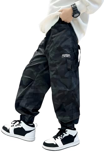 Pantalones cargo casuales para niños de 5 a 14 años en camuflaje negro