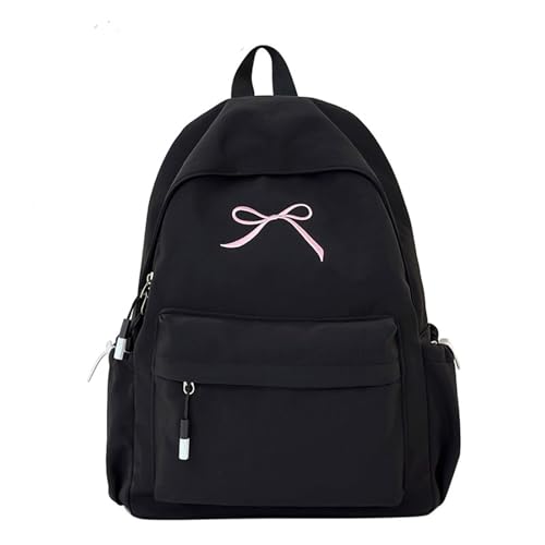 Embroidered Bow Backpack Solid Soft Daypack Simple Backpack with Embroidered Bow Cute Lightweight Large Capacity Daypack Stylish Bag,Black