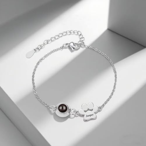 Custom Name Bracelet with Picture inside, Personalized Dog Paw Projection Bracelets with Names, Picture Bracelet Personalized Photo, Pet Dog Cat Memorial Gifts for Women3