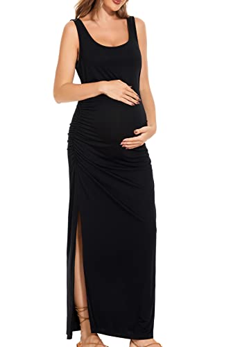 Smallshow Women's Split Long Maternity Dress Sleeveness Ruched Pregnancy Clothes Medium Black #TOP2