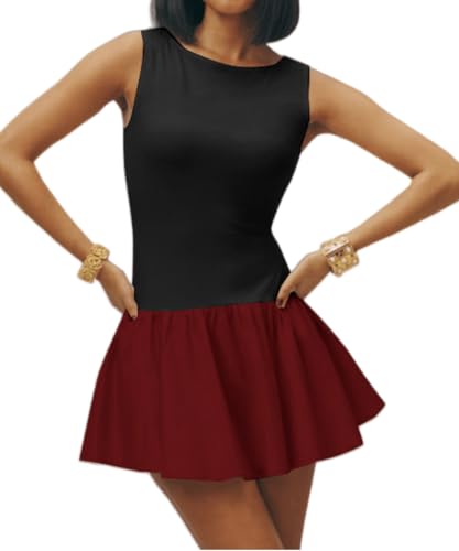 Image of YOXUA Women's Tank Drop-Waist A Line Dress Sleeveless Crewneck Solid Slim Fit Puffy Beach Short Summer Dresses
