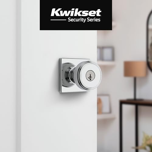 Image of Kwikset Maven Entry Door Knob with Lock and Key, Secure Keyed Handle Exterior, Square Front Entrance and Bedroom, Polished Chrome, Pick Resistant SmartKey Rekey Security and Microban
