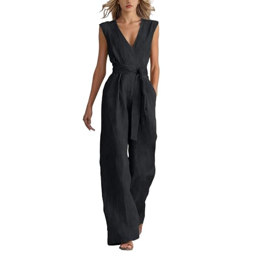 Generisch Traje de pantalón para mujer, elegante, para boda, con cuello en V, sin mangas, una pieza, entallado, de pierna ancha, mameluco largo, monocolor, holgado, con bolsillo, pantalones casuales 0