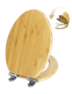 Elongated Bamboo Toilet Seat with Lid Quick Release Slow Close Zinc Alloy Strong Hinges Natural Bamboo, Light, 19-inch