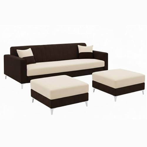 Image of Amelia 5 Seater L Shape Sofa Set with 2 Movable Ottomans | Flexible Layout | Rich Velvet Suede Fabric | Silver Legs | Spacious Seating | Modern Sofa for Living Room (Dark Brown-Cream)