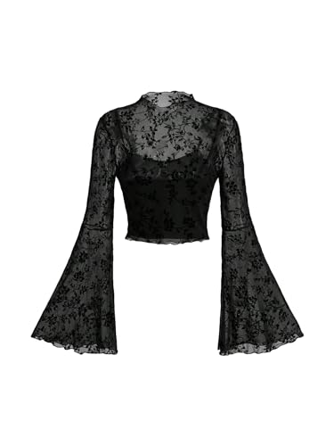 Verdusa Women's Gothic Clothes Y2K Mesh Long Bell Sleeve Crop Tops Country Concert Outfits Boho Tops Black Small