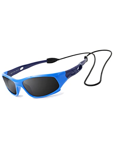 VATTER Kids Polarized Unbreakable Sports Flexible Square Sunglasses With Strap UV400 Protection for Kids Boys Girls Children Youth 816blueblue