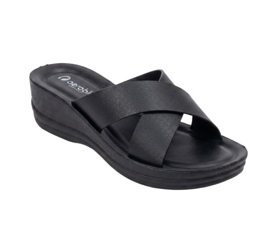 Image of AEROBLU Cushion Comfort Mid Heel Slippers for Women | Classic Cross Strap Design | Comfortable Padded Footbed | Anti-Skid & Durable Heel Slippers for Girls | Ideal for Party, Ethnic and Daily wear