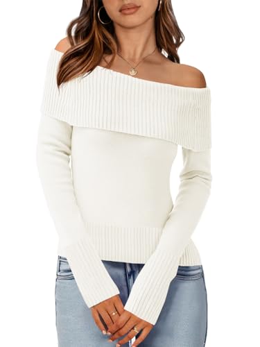 Imily Bela Womens Off The Shoulder Sweaters Casual Long Sleeve Ribbed Knit Slim Fit Y2K Going Out Pullover Tops