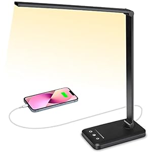 Lampe de Bureau LED, Lampe de Table Réglable, 5 Modes D’éclairage, 10 Niveaux de Luminosité, Contrôle Tactile, Lampe de Bureau Pliable Avec Port de Charge USB, Minuterie Automatique de 1 Heure, Noir