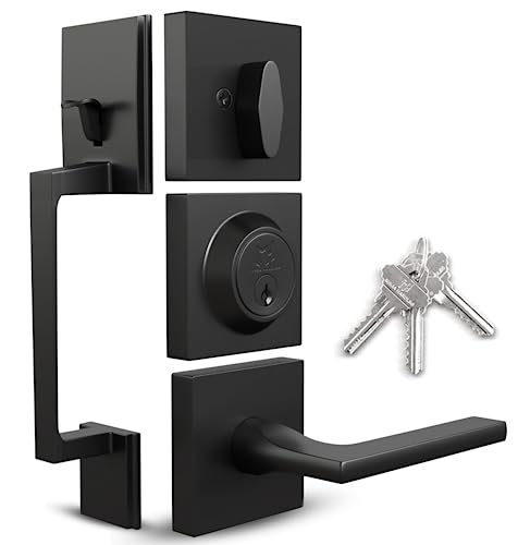 Image of Mega Handles - TOBELLE Black Entry Door Handleset - Single Cylinder Handleset with Lever for Entrance and Front Doors - Modern Door Handles for Left and Right-Handed Doors - Straight Handle