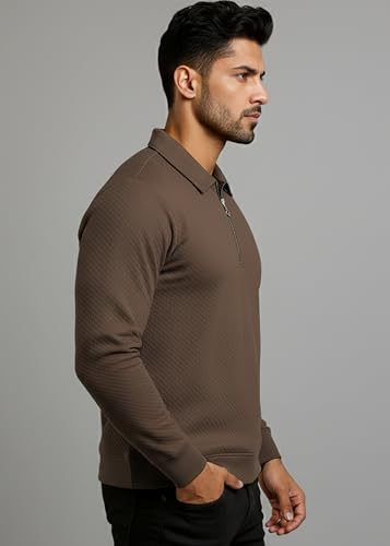 Image of Peppyzone Men's Full Sleeve Textured Polo T-Shirt with Collar | Stylish Chain Zip Tshirt for Man | Premium Polyester Lycra Stretch Fabric | Long Sleeve T Shirt for Men
