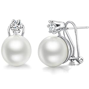 Han han 18K White Gold Plated Pearl Earrings for Women, 925 Sterling Silver Pearl Stud Earrings, Cubic Zirconia Pearl Diamond Earrings 8mm-12mm, Come with Gift Box