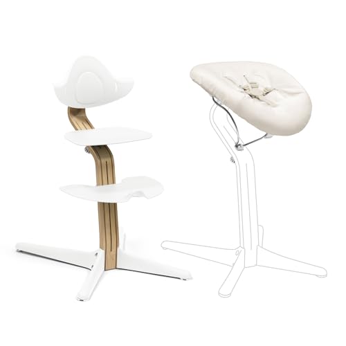 Stokke Nomi Silla Roble (White) + Newborn Set (White Grey Sand) - Incluye un Arnés de Seguridad de Cinco Puntos y Un Set de Tela Reversible y Lavable - Soporta hasta 150 kg