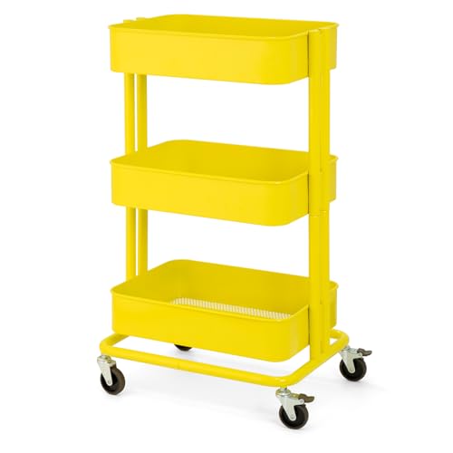 CARTTECH 3 Tier Rolling Cart Metal Heavy Duty Utility Cart with Silent Caster Lockable Wheel Multi-Functional Organization Carts Storage Trolley with Mesh Shelves for Office Kitchen Living Room Yellow