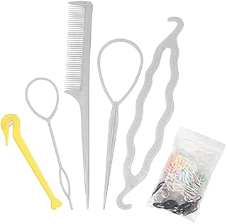 Beayuer 6 Pcs Hair Braiding Tool Set DIY Hair Styling Tool Tip-Tail Hair Combs Bun Hair Tool Hair Braiding Pins Loop Elastic Rubber Hair Bands and Remover Cutter for Hair Braid Styling (Black)