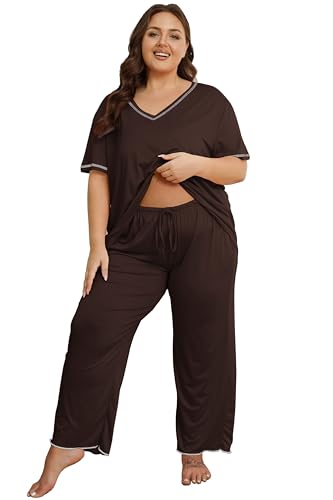 Image of Vozanet Women's Plus Size Pajama Sets Short Sleeve Long Pants Solid Color with Piping Trim Elegant Loungewear Cozy Sleepwear