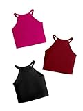 Girls Ribbed Sleeveless Crop Top – Solid Color Halter Neck Cotton Tank (Pack of 3) (in, Age, 9 Years, 10 Years, Regular, Plus Size, Multicolour)