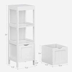 VASAGLE Bathroom Floor Cabinet, Bathroom Storage Organizer Rack Stand, Multifunctional Corner Unit, 2 Drawers, 35 Inches in Height, White UBBC42WT VASAGLE Bathroom Floor Cabinet Bathroom Storage Organizer Rack Stand Multifunctional Corner Unit 2 Drawers 35 Inches in Height White UBBC42WT