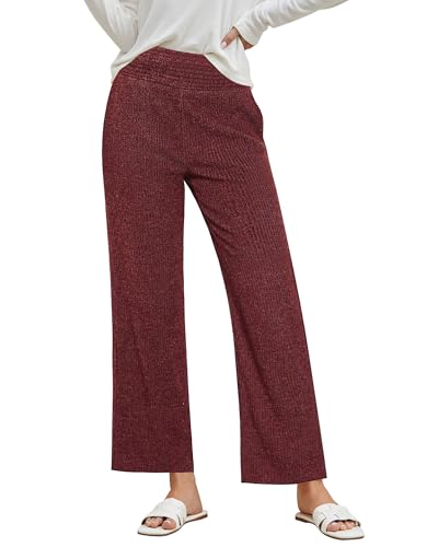 GRAPENT Ribbed Wide Leg Pants Woman High Waisted Pull On Lounge Fleece Knit Fall Smocked Elastic Waist Pants with Pocket