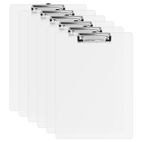 6 Pz Portapapeles A4, Porta-Bloc Carpeta A4, Tablero de Plástico con Clip Metálico Engomado, Tablero con Orificio para Colgar, Portapapeles para Oficina, Cocina y Escuela (Transparente)