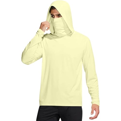 FOCLMP Men Hooded Fishing Shirts with Face Mask Neck Gaiter Sun Protection UPF 50 Rash Guard Ligthweight Long Sleece Pullover Long Sleeve SPF Shirts for Hiking Men Khaki 2XL