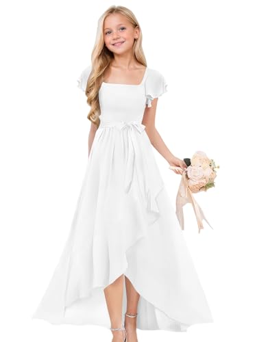 Ardenn Clothier Short Sleeves Junior Bridesmaid Dresses White Square Neck Flower Girl Dress Chiffon Girls Wedding Guest Dresses Size 16