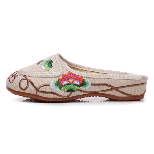 Women's Floral Embroidered Backless Flats Mules Comfortable Flats Round Toe Loafers Chinese Style Canvas Casual Slippers2