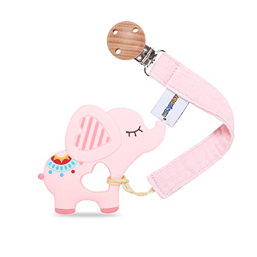Image of Baby Food Grade Silicone Teether Toy with Pacifier Clip Holder,Teething Pain Relief Toys Gift Set for 3 Months+ Boys and Girls,Freezer Safe,BPA Free. (Pink Elephant)