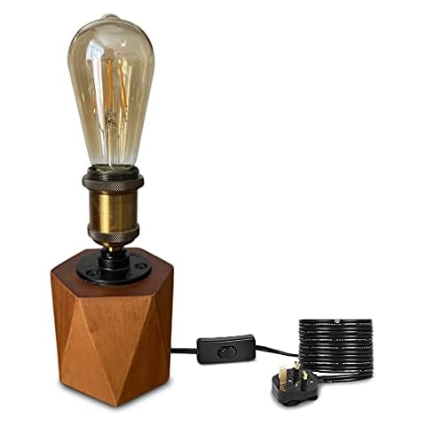 Livuna Industrial Vintage Solid Wood Table lamp, Steampunk Iron Pipe and Geometric Modern Brass Edison Dark Rustic Retro Style for Bedroom Home Bedside Desk Office, (E27 LED Bulb Included) (Brown) Cover