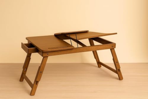 Image of Wooden Laptop Table Standard Adjustable Study Table with Laptop, Portable Lap Desk, Multifunctional Bed Table with Drawer and Folding Legs (Natural New)