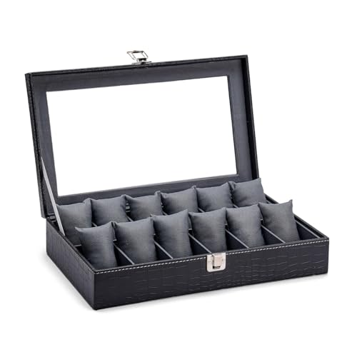Image of Luxury 12-Slot Watch Display Case Organizer Box with Glass Viewing Lid, Premium PU Leather Exterior, Removable Velvet Cushion Pillows and Secure Metal Latch Lock for Men and Women