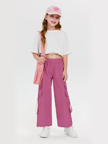 Image of Haloumoning Girls Parachute Pants Kids Wide Leg Cargo Pants Y2K Street Trousers with Pockets 5-14 Years