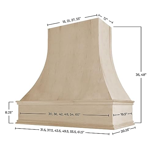 Riley & Higgs Curved Front Unfinished Range Hood Cover With Decorative Molding - Wall Mounted Wood Range Hood Covers, Plywood And Maple (Unfinished, 36 W X 36 H Inches) #TOP5